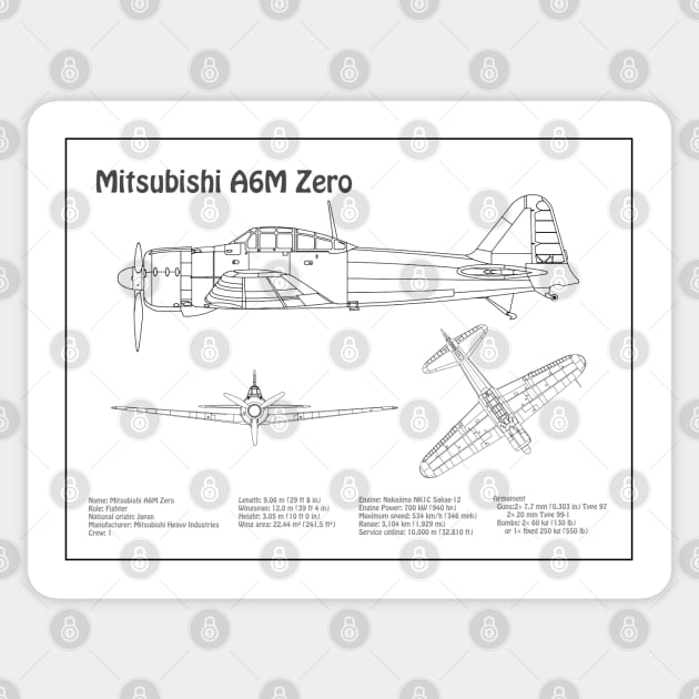 Mitsubishi A6M Zero Airplane Blueprint - BD Sticker by SPJE Illustration Photography